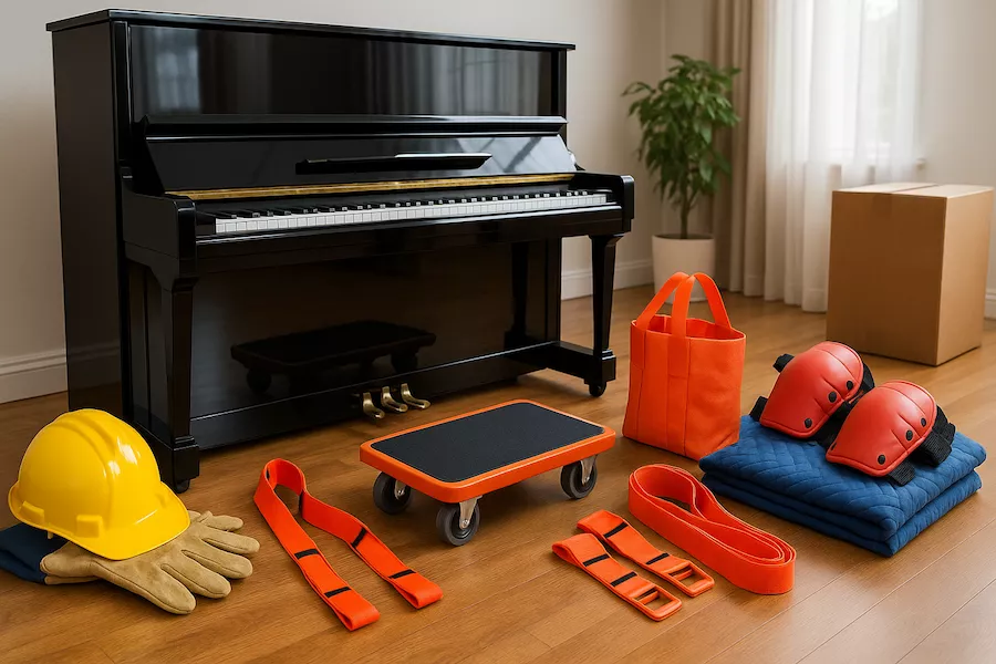 “Skyddsutrustning, lyftremmar och rullbräda bredvid piano – symboliserar professionella verktyg och utrustning som används för att flytta ett piano säkert utan skador”