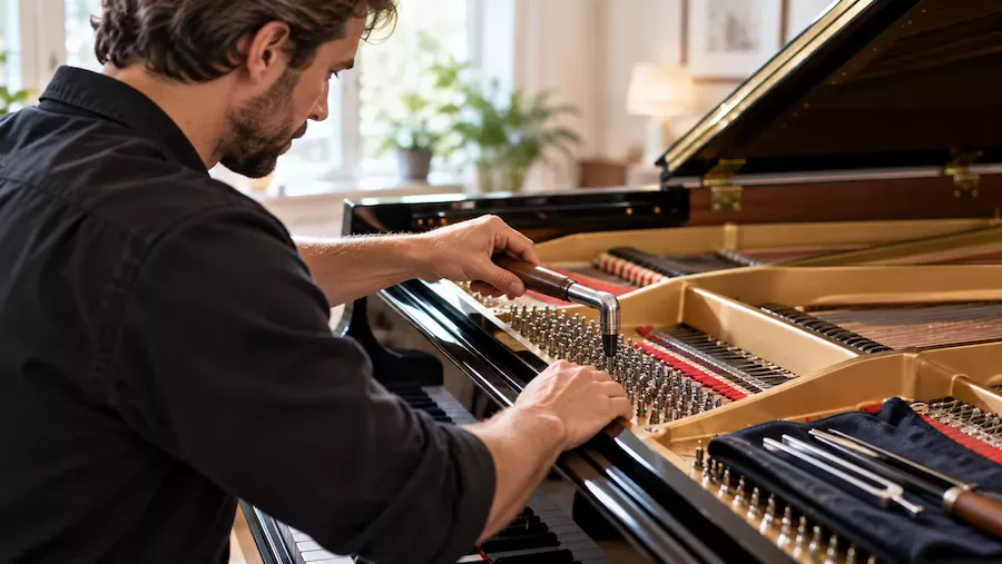 Pianostämmare justerar stämstiften på en svart flygel med en stämnyckel medan pianots strängar och mekanik är synliga under det öppna locket.